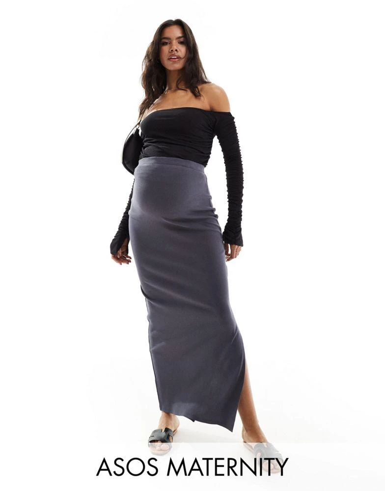 ASOS ASOS DESIGN Maternity ribbed maxi skirt with side split in dark grey 1