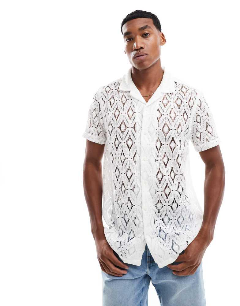 Brave Soul Brave Soul Geometric crochet short sleeve shirt in white