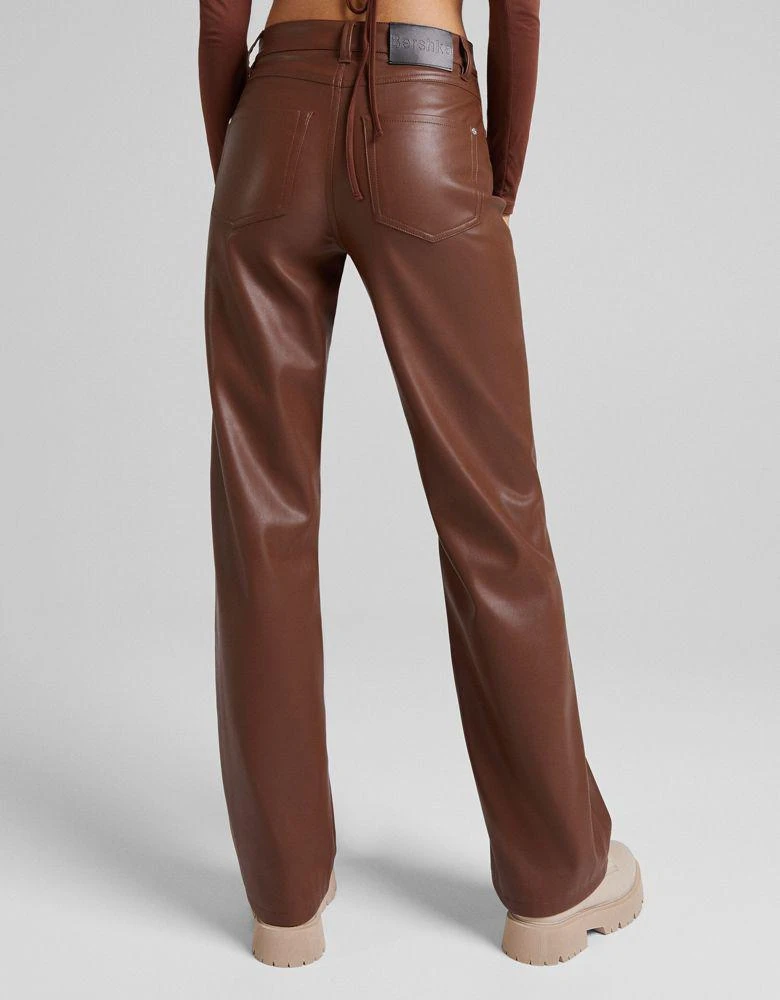 Bershka Bershka faux leather straight leg trouser in brown 2