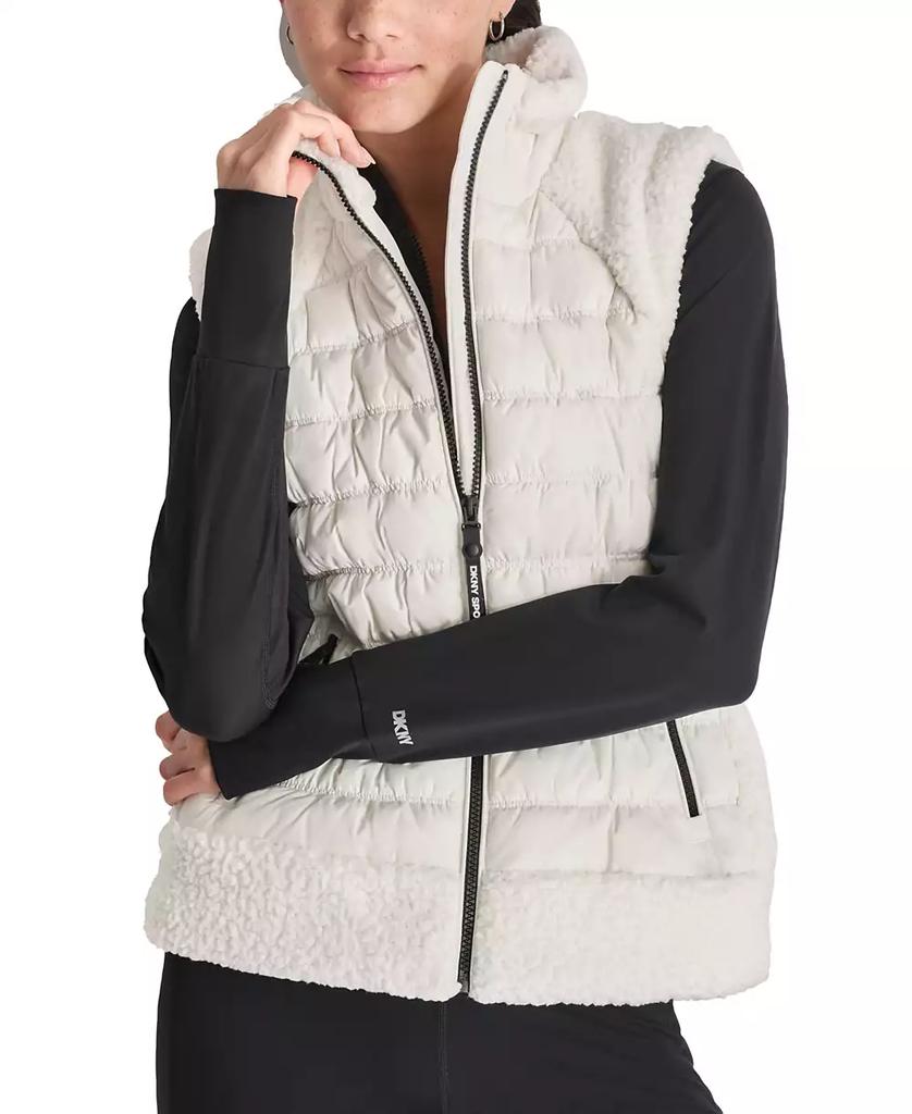 DKNY Women's Horizontal Channel Quilted Mock Neck Puffer Vest with Sherpa