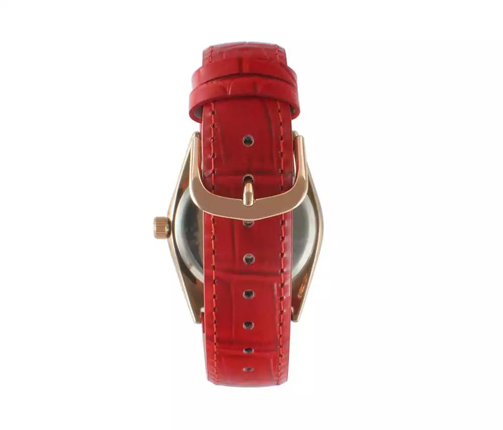 Peugeot Women 36mm Red Fluted Bezel Watch with Leather Strap - Mother of Pearl Dial