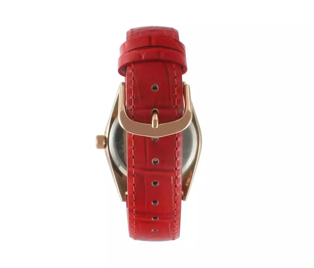 Peugeot Women 36mm Red Fluted Bezel Watch with Leather Strap - Mother of Pearl Dial 2