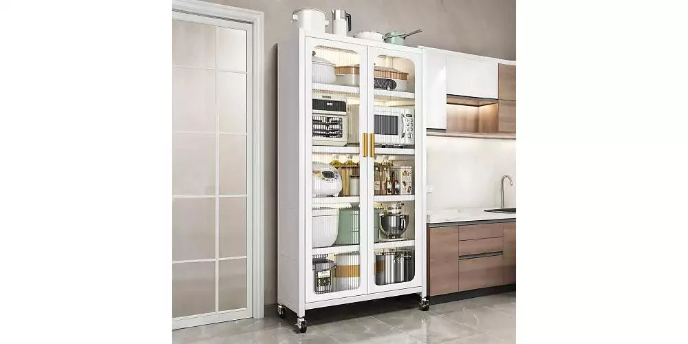 Flynama 65inch Kitchen Pantry Storage Cabinet 6 Tier Metal Display Cabinet with Transparent Door Adjustable Shelves Wheels White 8