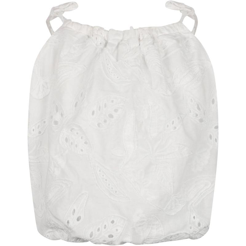 Devotion Embroidered cotton top and geometric print ruffled skirt set in white and turquoise