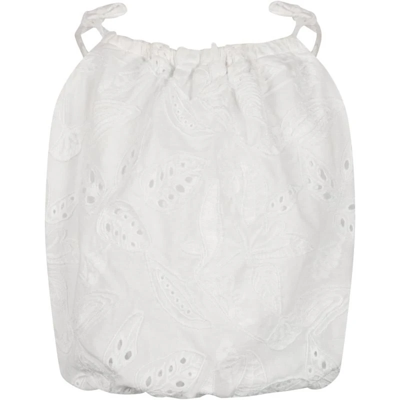 Devotion Embroidered cotton top and geometric print ruffled skirt set in white and turquoise 2