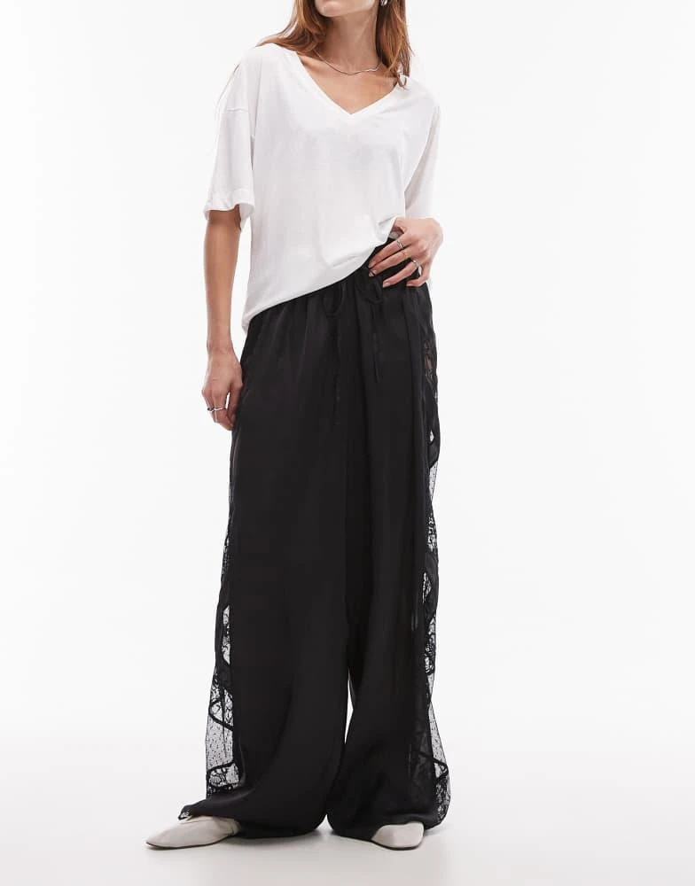 Topshop Topshop patchwork lace & crinkle satin wide leg trouser in black 5
