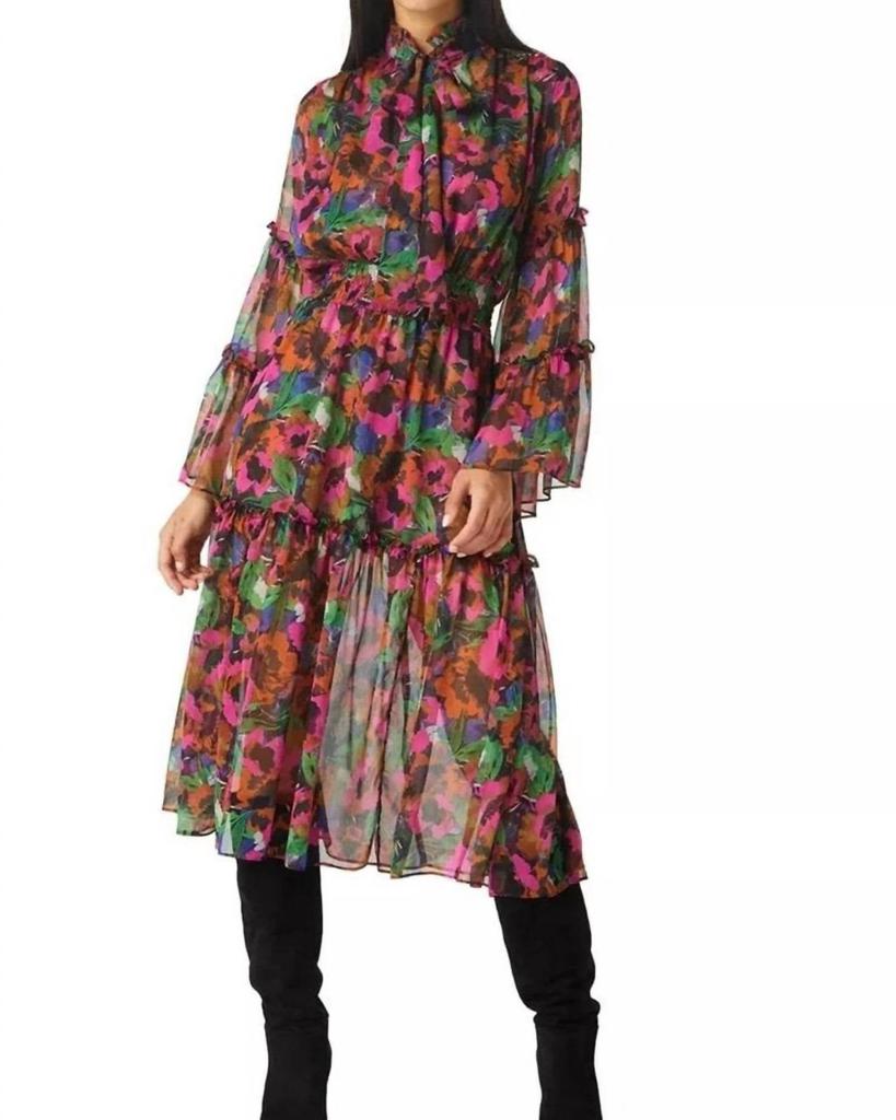 MISA Misa Los Angeles - Merce Ruffle Neck Floral Tiered Midi Dress