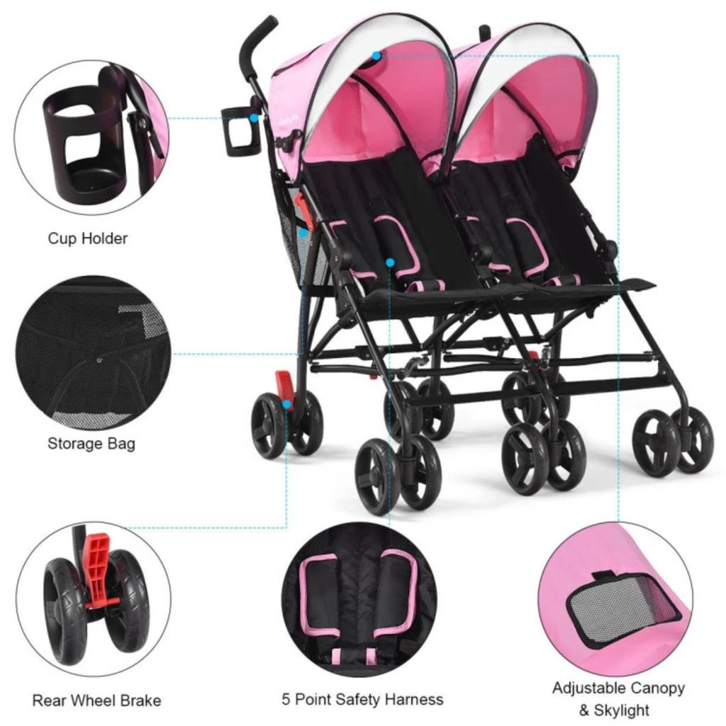 Hivvago Foldable Twin Baby Double Stroller Ultralight Umbrella Kids Stroller-Pink 2