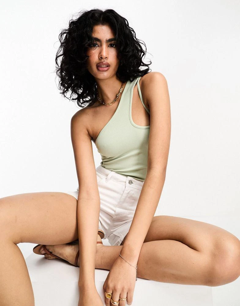 River Island River Island asymmetric cut out bodysuit in sage green 1