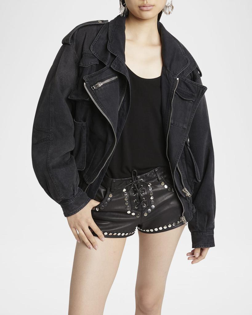 Aneli Asymmetric Double Denim Bomber Jacket – On Sale Now with Up