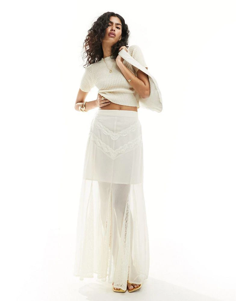 Shop Miss Selfridge chiffon lace insert godet maxi skirt in cream - Main Image