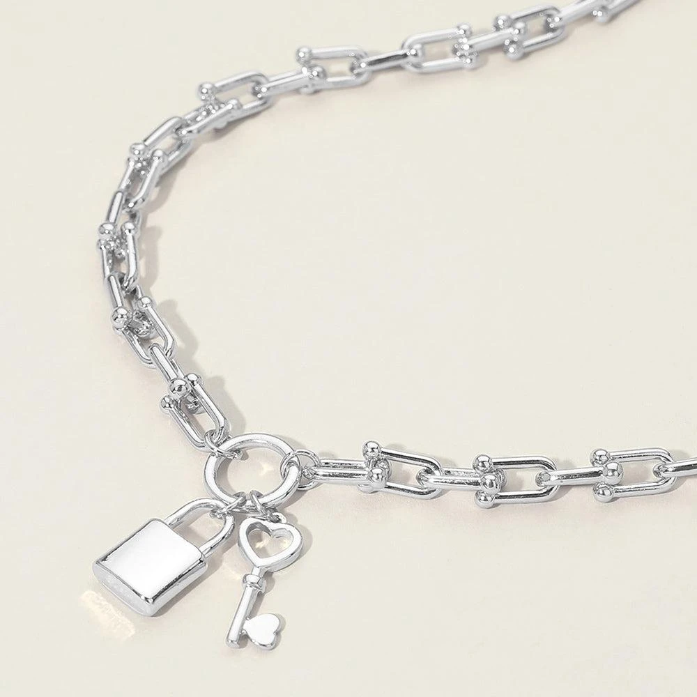 FASHNZFAB Chunky Metal Padlock Key Pendant Industrial Link Chain Necklace
