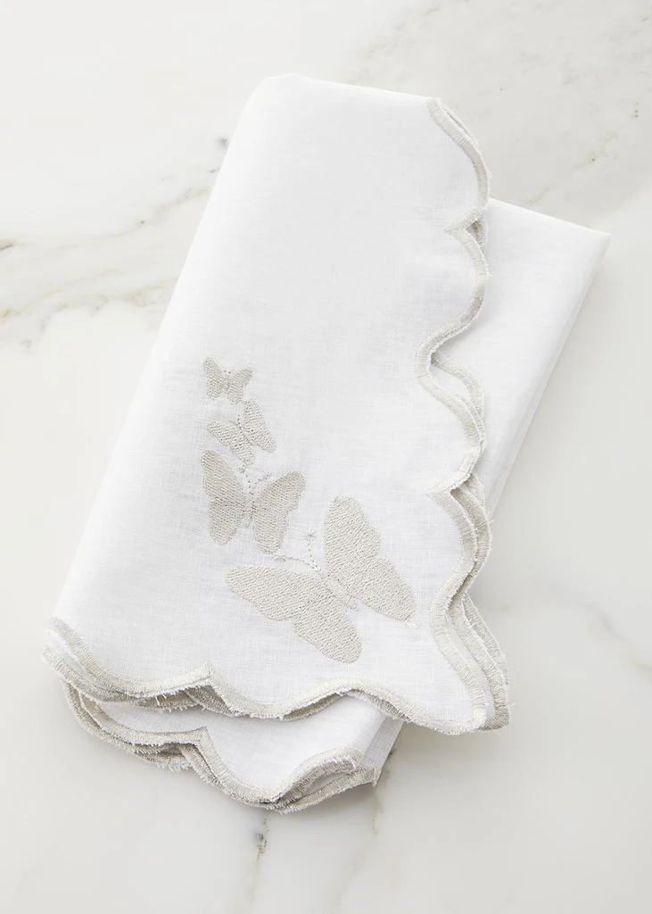 Nomi K White Linen Silver Butterfly Scalloped Edged Embroidered Napkin