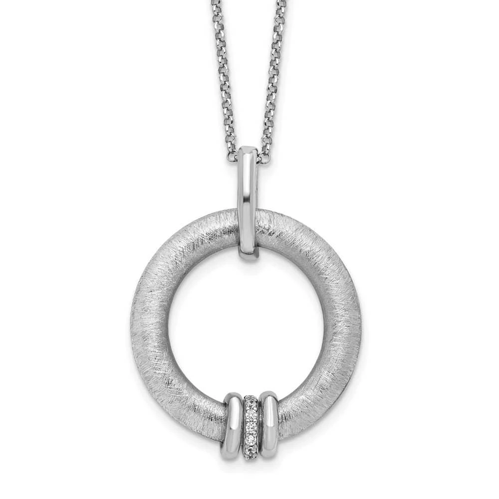 Diamond2Deal Sterling Silver Polished and Brushed CZ Pendant Necklace 16"