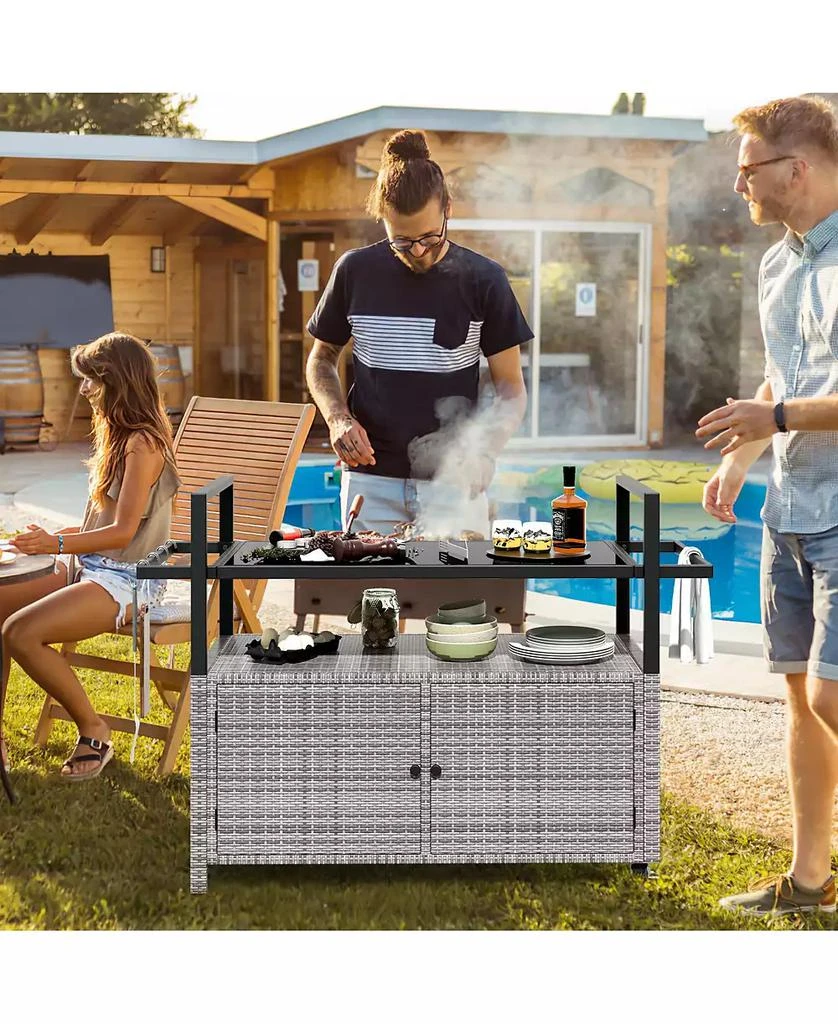 SUGIFT Outdoor Bar Cart Wicker Buffet Serving Cart with Cabinet and 8 Hooks 6