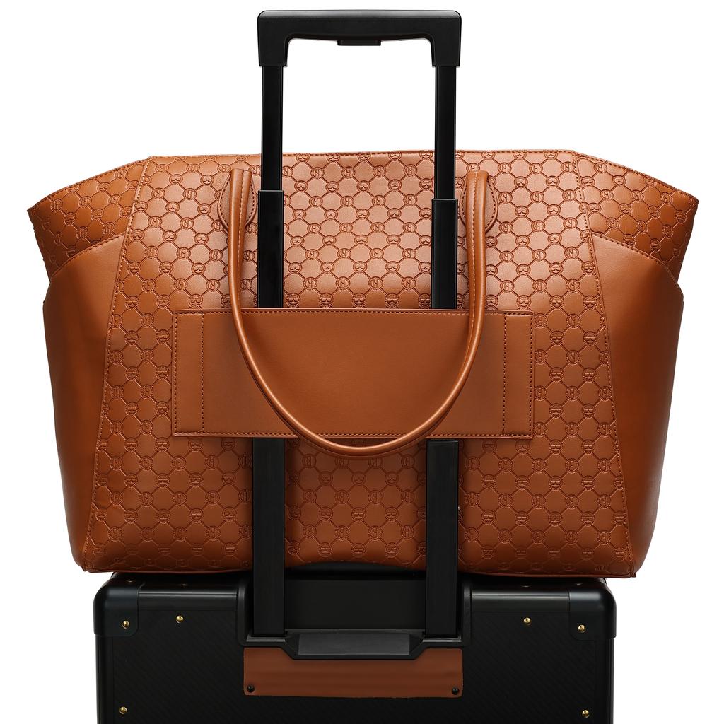 ELLE Compass 32L Vegan Leather Monogram Weekender Tote Bag | Brown
