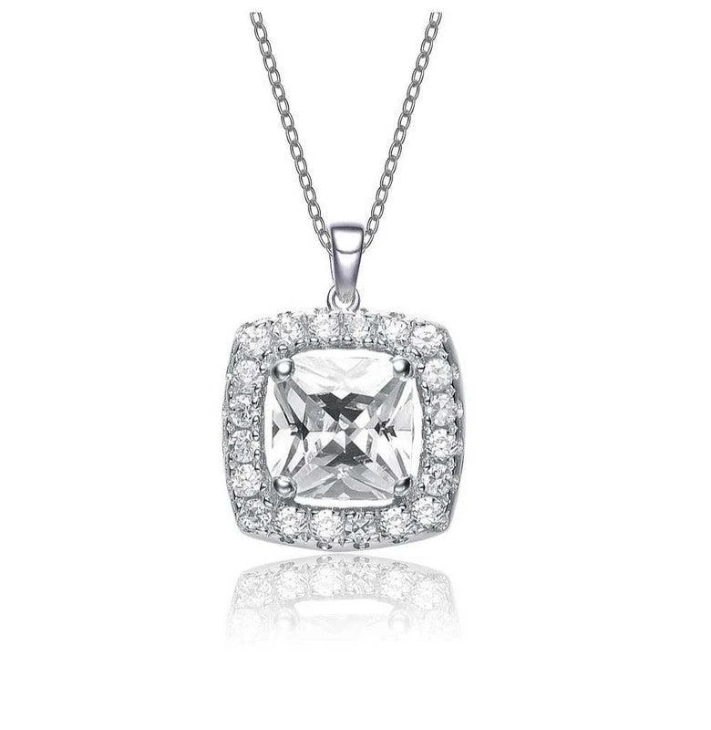 Genevive Sterling Silver White Gold Plated with Clear Cubic Zirconia Square Shape Pendant Necklace