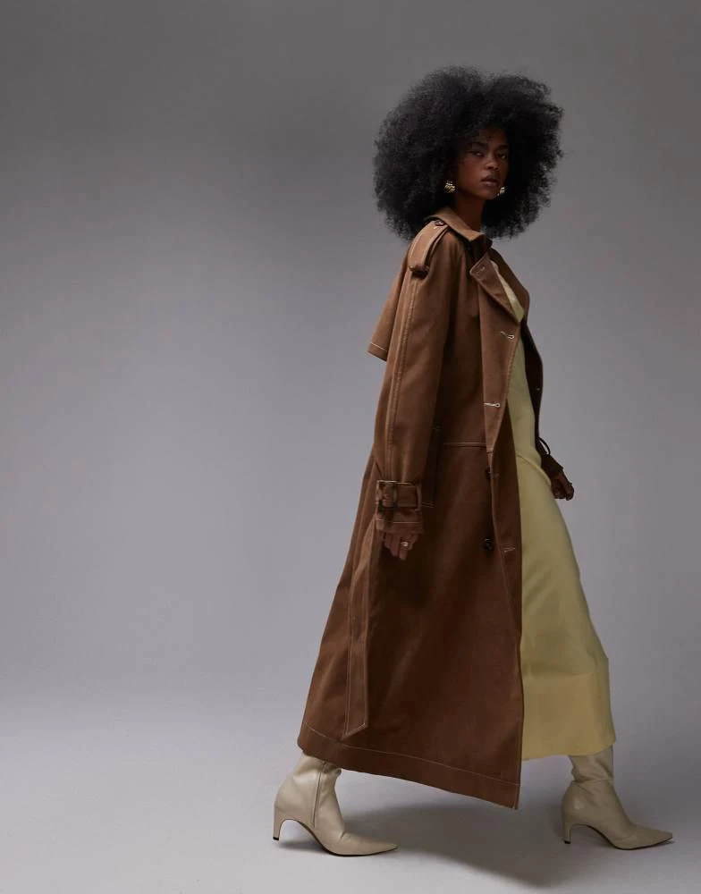 Topshop Topshop longline oversized faux suede trench coat in contrast stitch brown 1