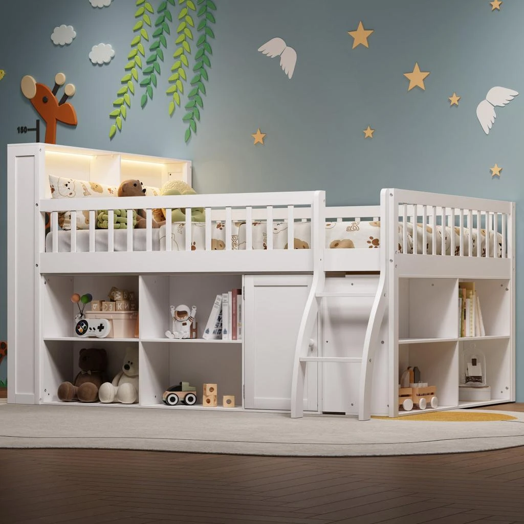 Streamdale Furniture Streamdale Full Size Loft Bed with Storage, Headboard with LED Light, White