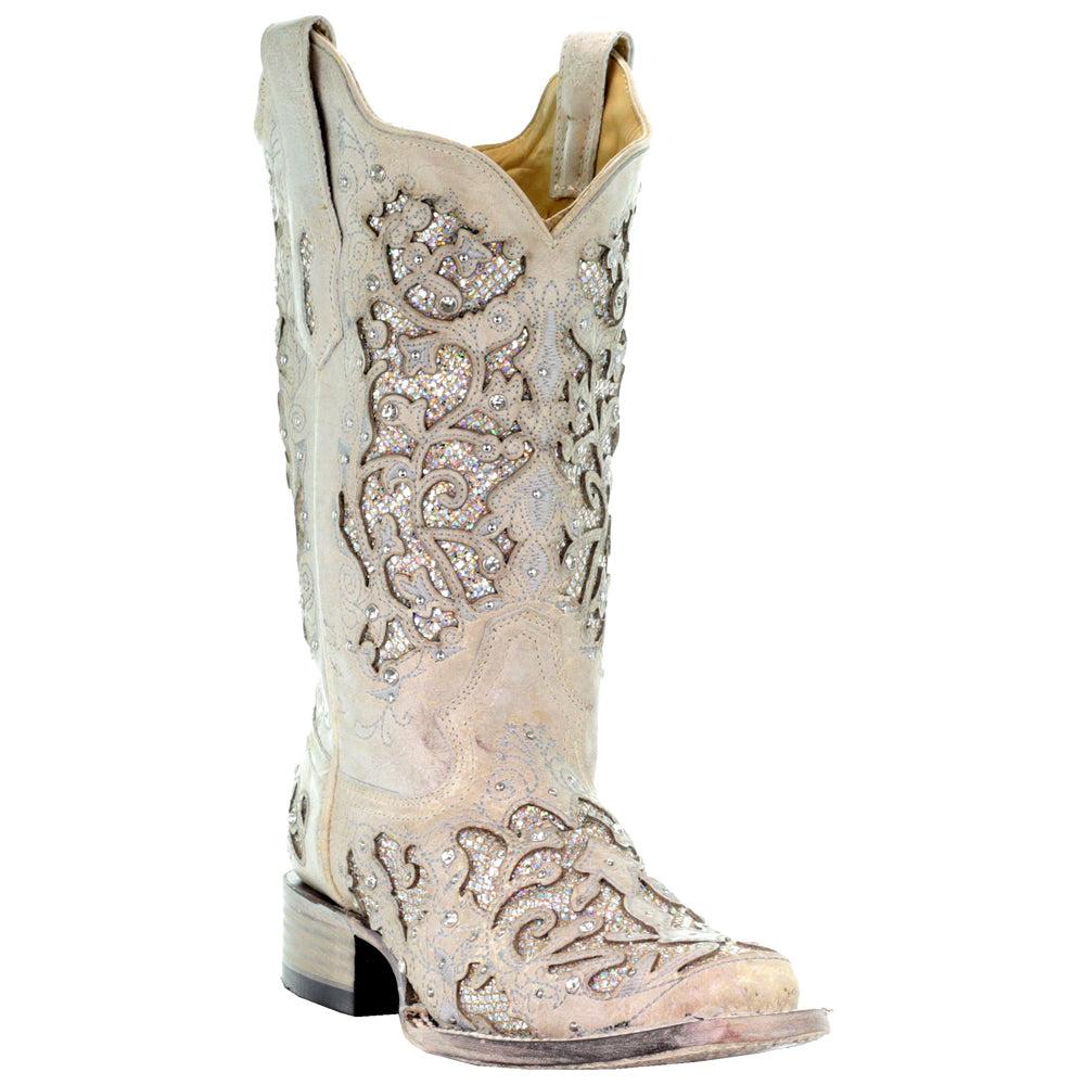 Corral Boots Glitter Studded Tooled-Inlay Square Toe Cowboy Boots