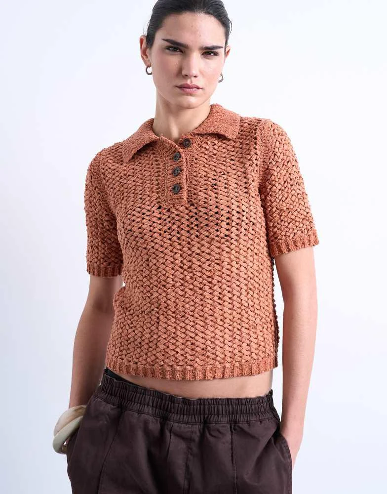 Topshop Topshop knitted tape yarn polo in rust