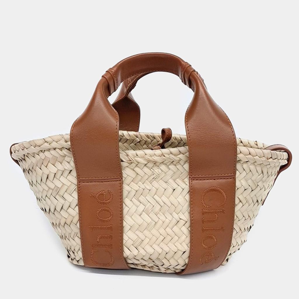 Chloé Chloe Beige Brown Leather and Raffia Chloe Sense Small Basket  Bag