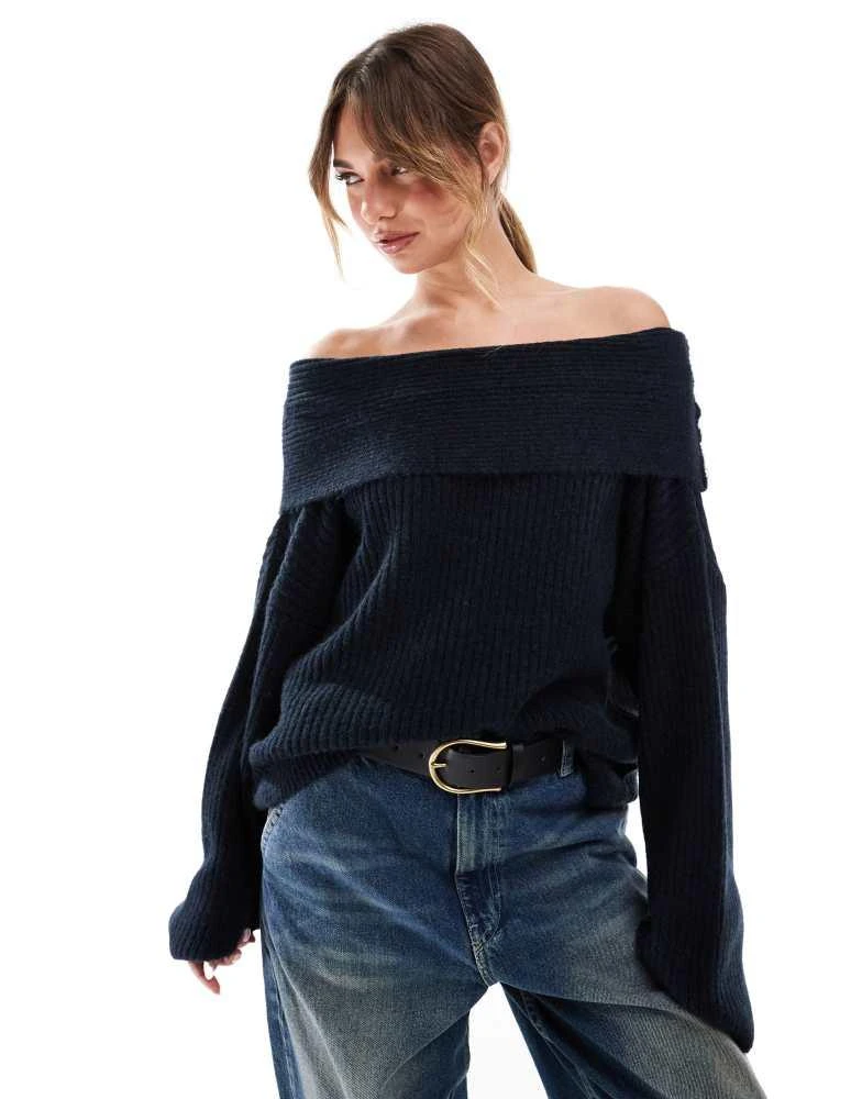 ASOS ASOS DESIGN oversized knitted off shoulder jumper in navy 1