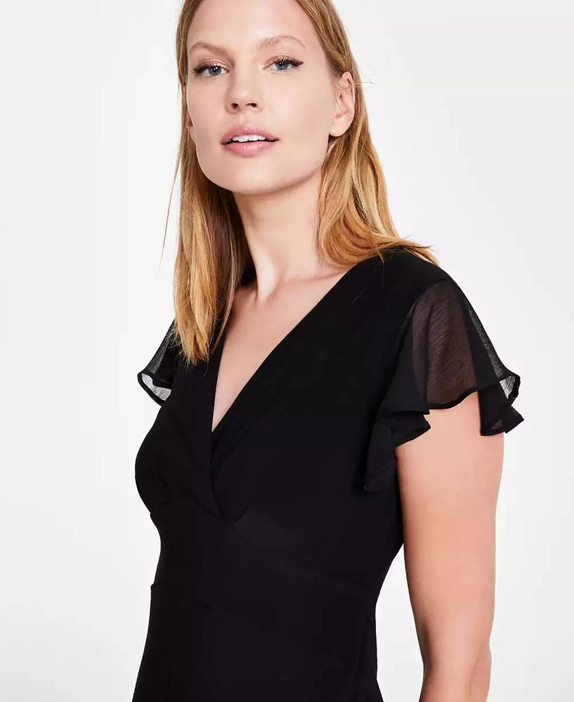 green emerald velvet dress Tommy Hilfiger Women's Flutter Sleeve V-Neck Ruffle Trim Hi Lo Midi Dress,  Black Night, 2 at Amazon Women's Clothing store main image 1