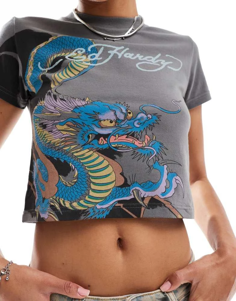 Ed Hardy Ed Hardy dragon logo baby tee in washed charcoal 3