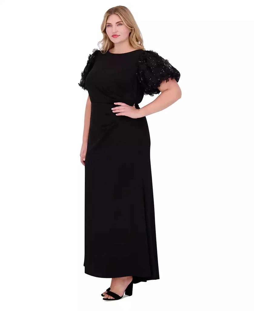 Eliza J Plus Size Floral-Short-Sleeve Boat-Neck Pleated Gown 2