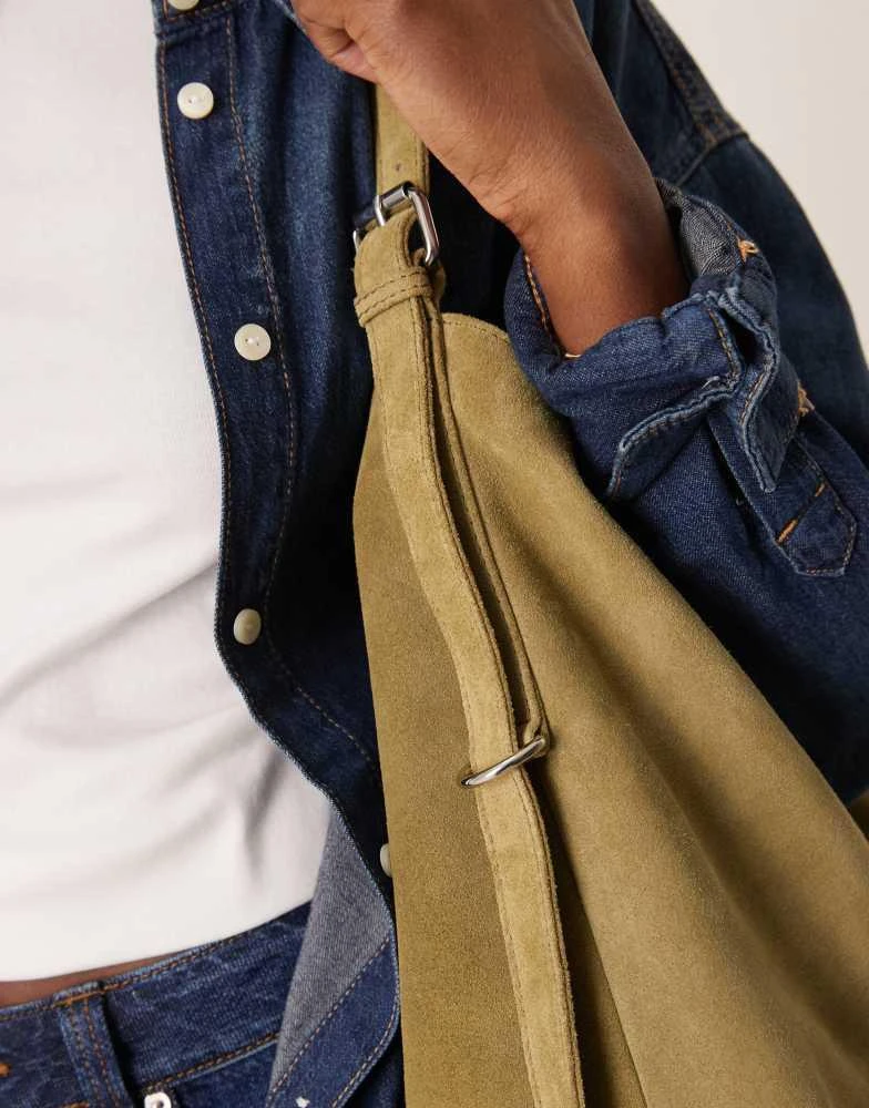 ASOS ASOS DESIGN suede slouch buckle tote bag in khaki 3
