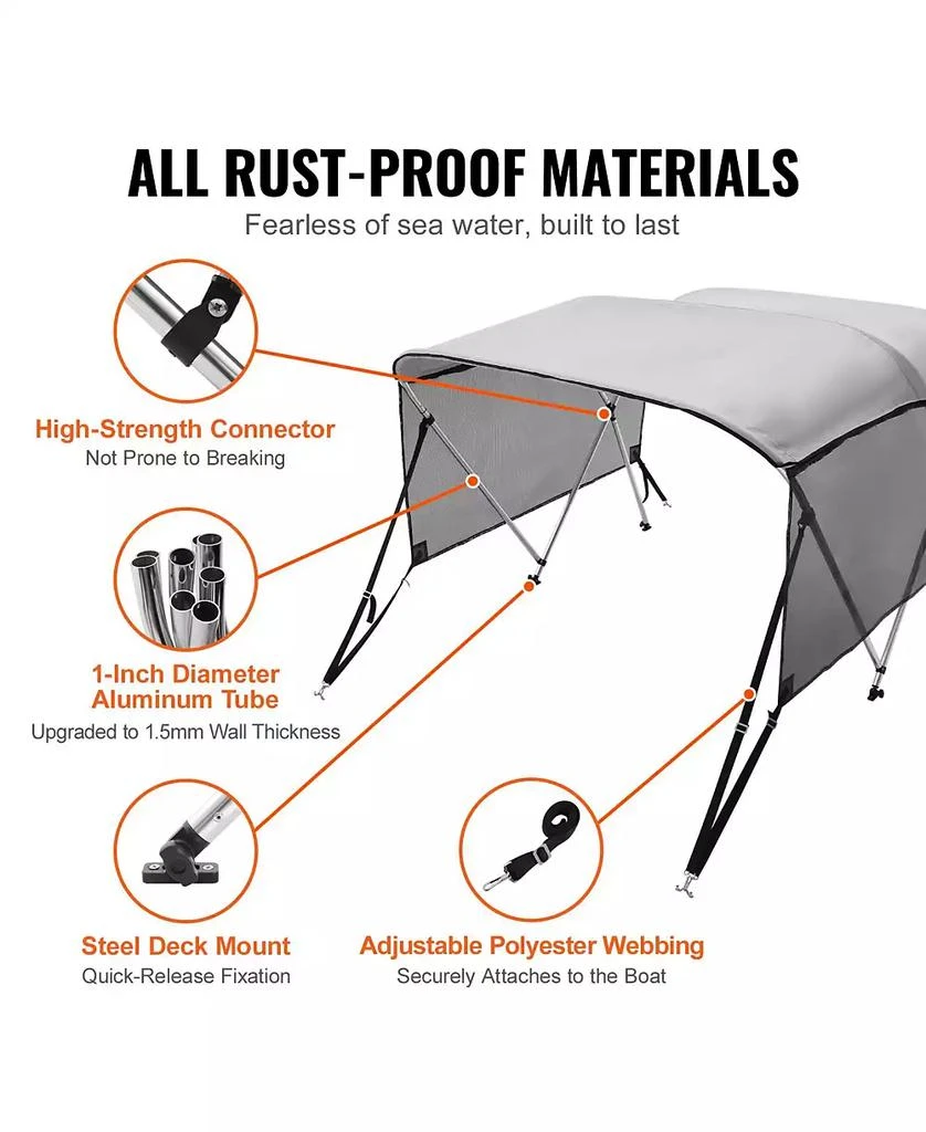 Mecale 3 Bow Bimini Top Boat Cover, 600D Polyester Canopy with Mesh Sidewalls, 1" Aluminum Frame, Storage Boot, Light Grey 8