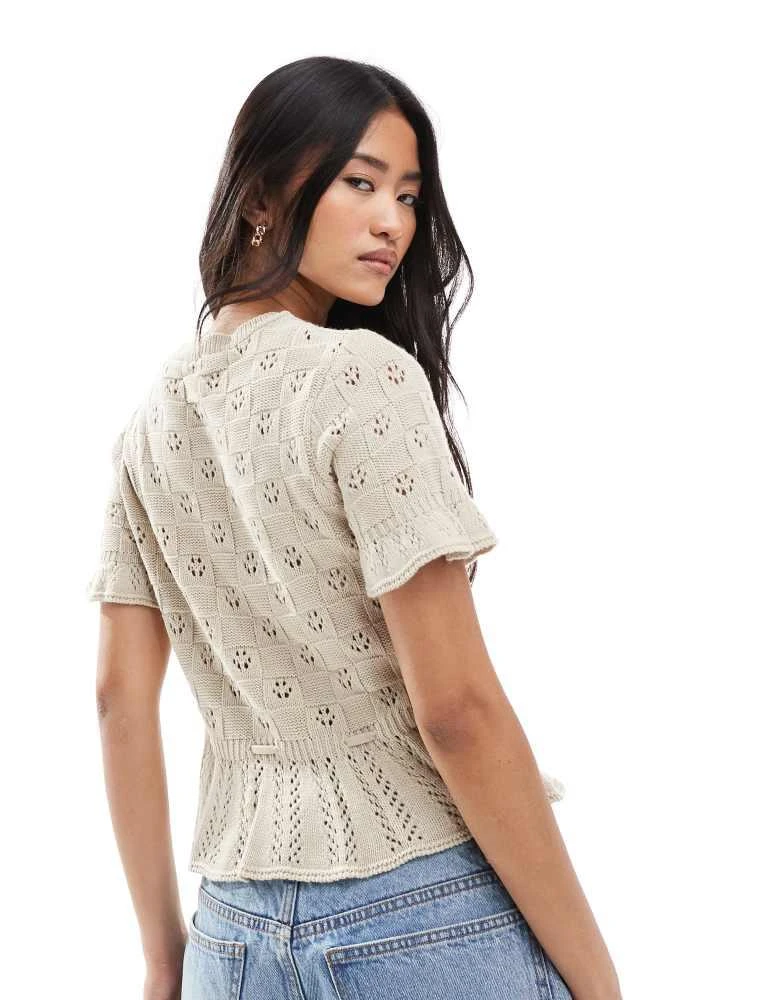 Miss Selfridge Miss Selfridge knitted tie waist peplum short sleeve cardigan in cream 4