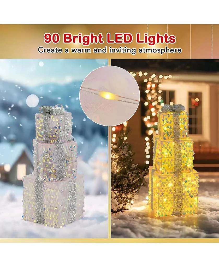 Costway 3 PCS Christmas Lighted Gift Boxes with 90 LED Lights Zip Ties Ground Stakes 10