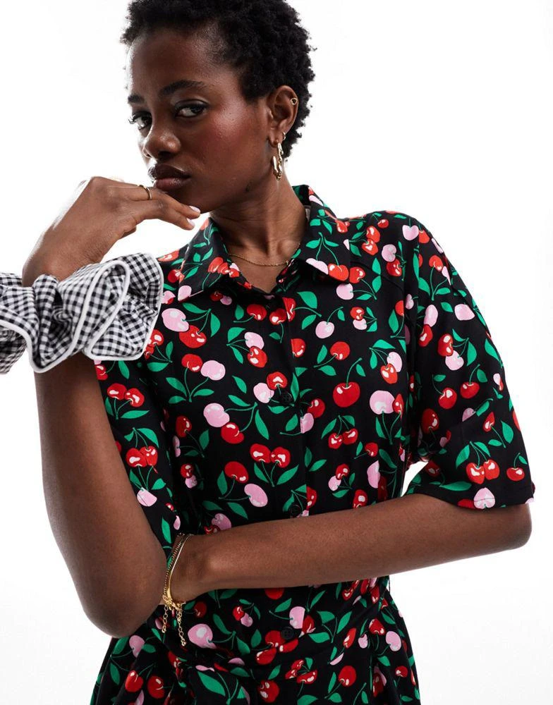 Monki Monki tie waist midi shirt dress in black cherry print exclusive to ASOS 2