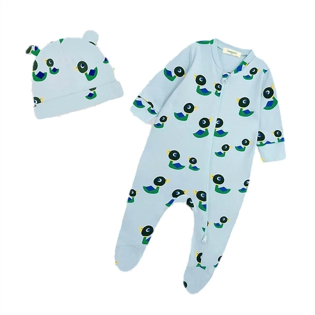 The Bonnie Mob Kids Bayley Berry Ducks & Hat Set Sleepsuit In Blue
