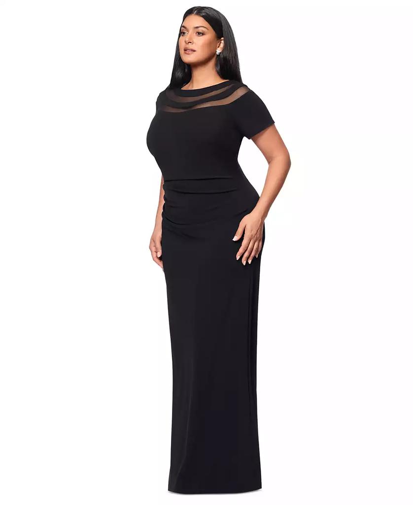 XSCAPE Plus Size Illusion Boat-Neck Short-Sleeve Gown