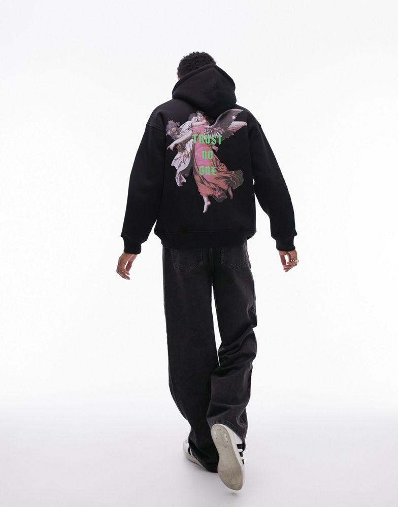 Topman Topman oversized fit hoodie with front and back angel print in black