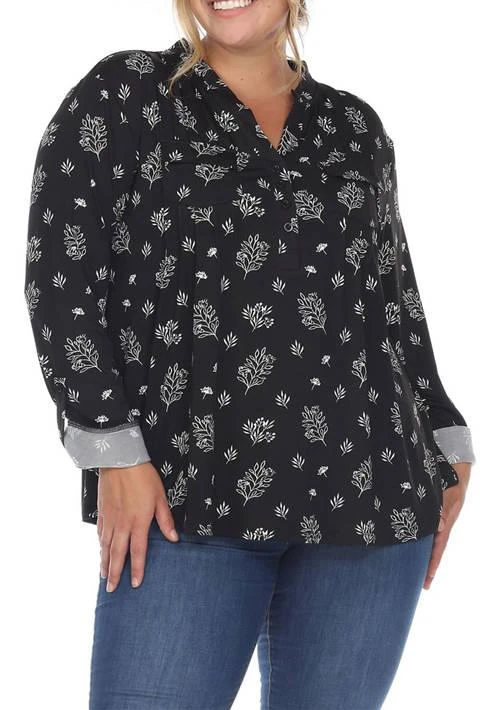 White Mark Mark Plus Size Pleated Long Sleeve Leaf Print Blouse 1