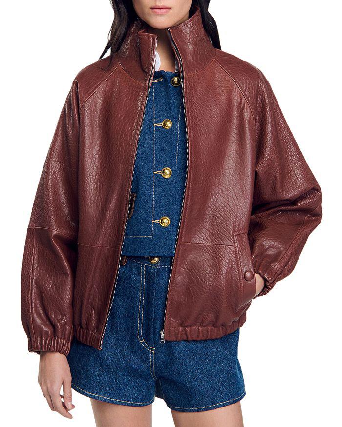 【海外限定】Sandroレザージャケット☆High-neck oversized leat Sandro Leather jacket - Jackets - Free Shipping - BeyondStyle