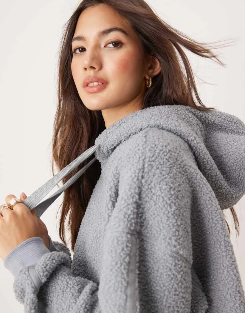 ASOS ASOS DESIGN lounge borg cropped hoodie & wide leg set in blue 4