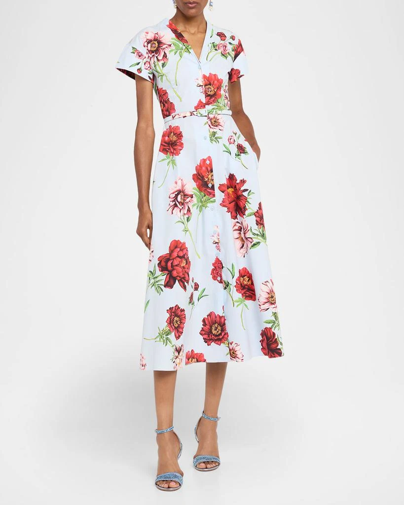 Oscar de la Renta Short-Sleeve Peony-Printed Tea-Length Dress 4