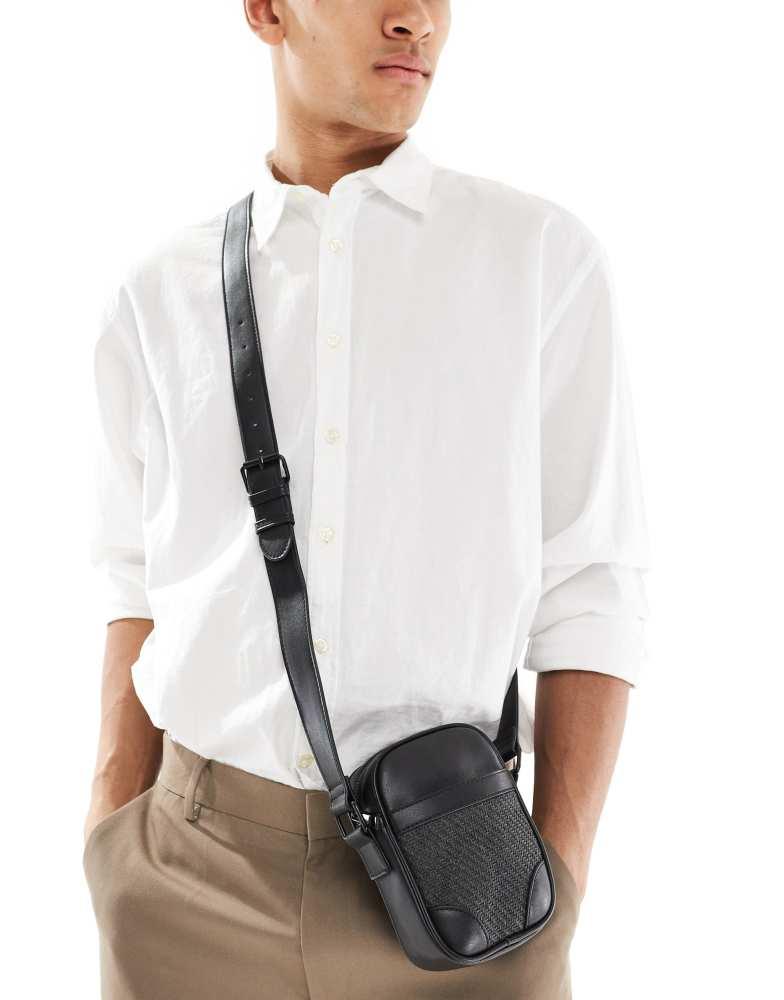 ASOS ASOS DESIGN faux leather cross body bag with rattan panel in black