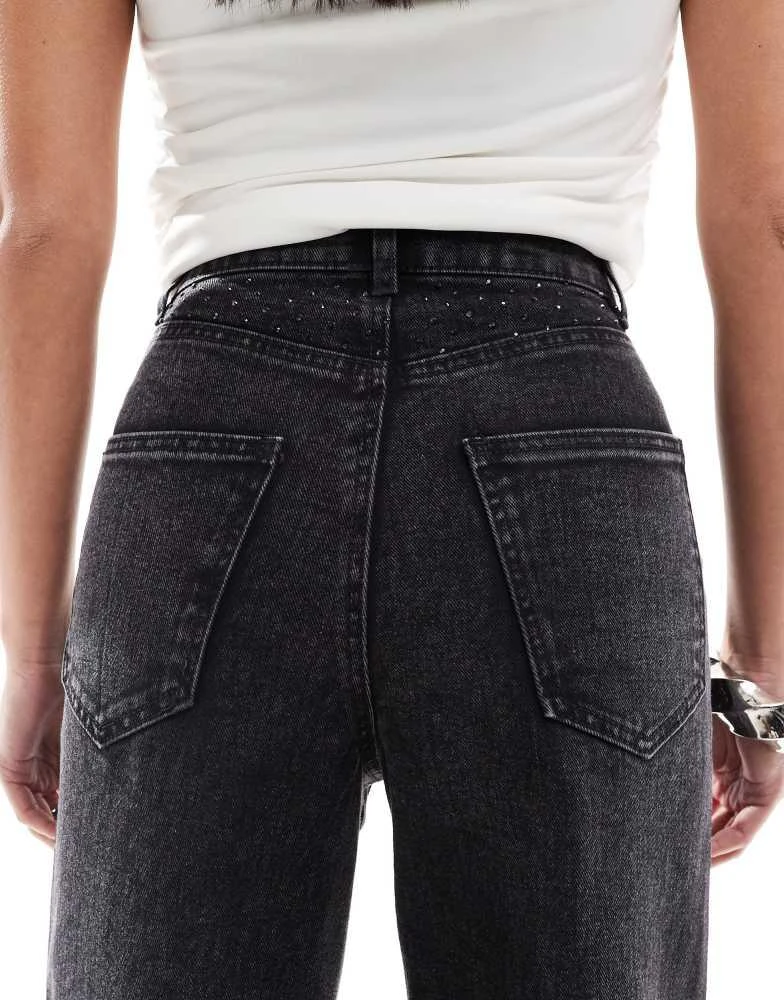 ONLY Petite ONLY Petite Hope wide leg jeans with rhinestones in washed black 4