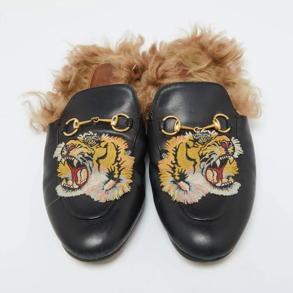 Gucci Gucci Black Leather and Fur Tiger Embroidered Princetown Mules Size 39 3