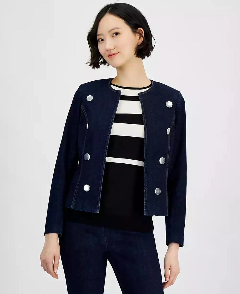 Anne Klein Women's Kiss Front Long-Sleeve Denim Jacket 4