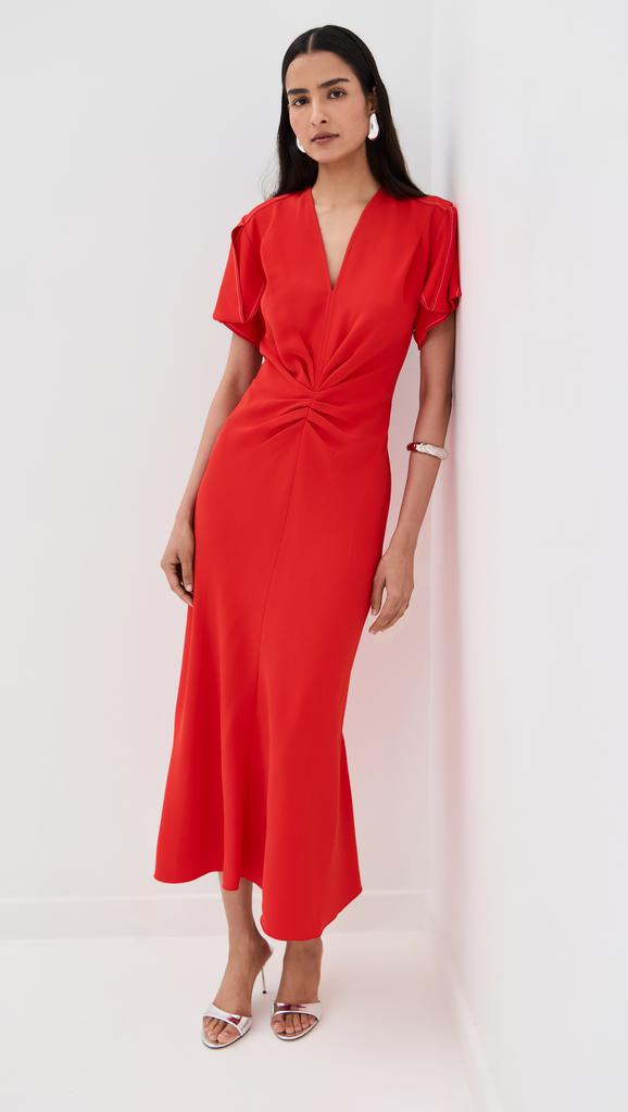 ワンピース VICTORIA BECKHAM FUCHSIA PINK MIDI DRESS WITH GATHERED WAIST VICTORIA BECKHAM Asymmetric ruffled gathered crepe midi