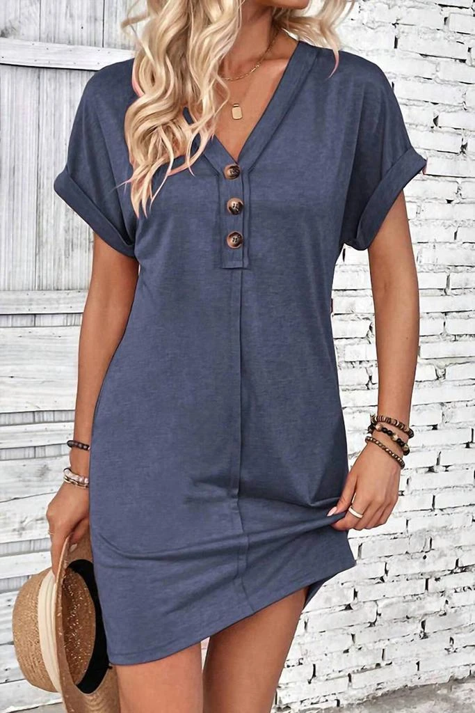 UNISHE Unishe - Women
s Plain V Neck Buttoned T-shirt Dress