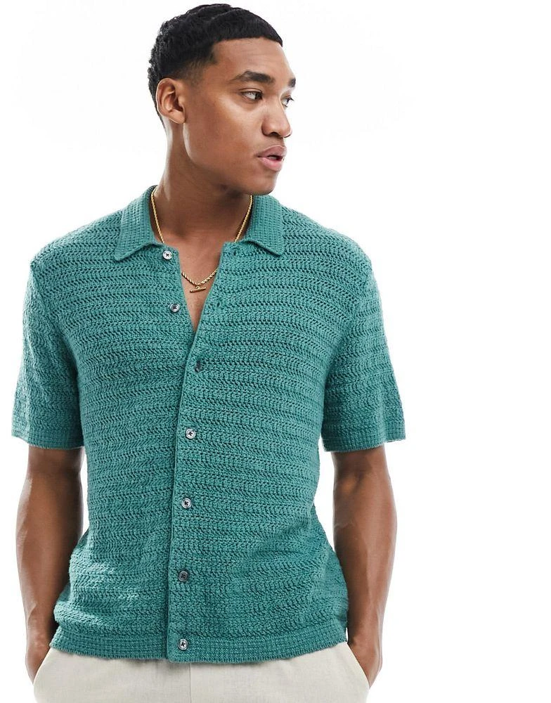 Abercrombie & Fitch Abercrombie & Fitch crochet knit short sleeve polo shirt in dark green 1