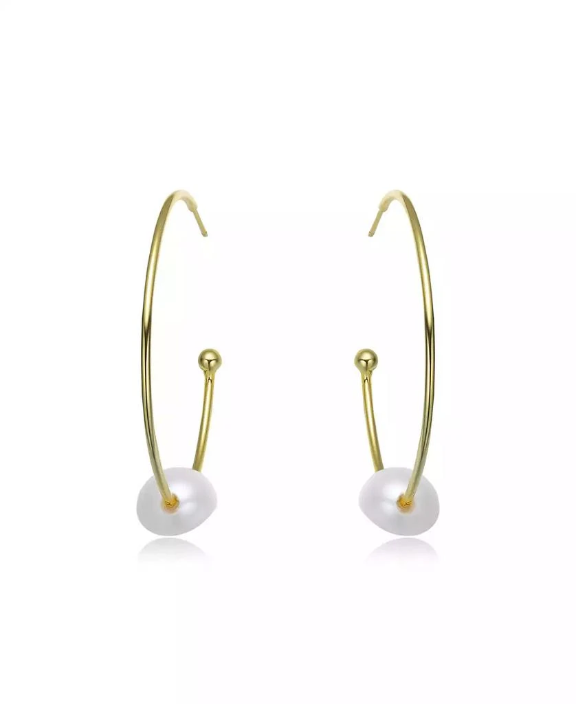 Genevive Stylish Sterling Silver 14K Gold Plating and Genuine Freshwater Pearl Round Hoop Earrings